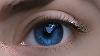 Wall Mural - A close up of a woman's eye with a blue iris. The eye is surrounded by a dark brown rim.