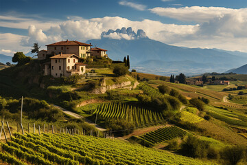 A house on mountain surrounded by farms.