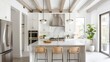 © klss777 - A modern kitchen with sleek, whitewashed beams creates an inviting, elegant, and stylish atmosphere.