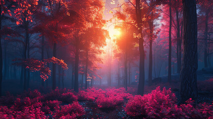 Wall Mural - Mystical pink forest with a bright sun shining through the trees.