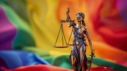 Wall Mural - Statue of Lady Justice standing on a rainbow flag. Concept LGBTQ pride concept.