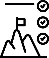 Poster - Minimalist black and white mountain peak success icon illustration with flag and checkmark. Representing achievement. Goal. Victory. And accomplishment. Scalable vector design