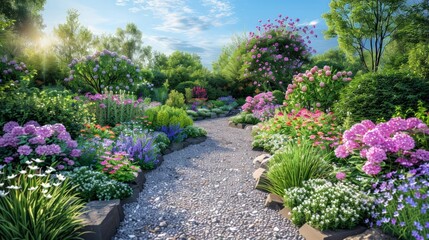 Peaceful Garden Scene: Illustrate the tranquil beauty of a peaceful garden with blooming flowers, greenery,