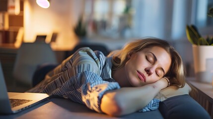 Wall Mural - Woman Dozing Off At Her Desk While At Work (Generative AI)