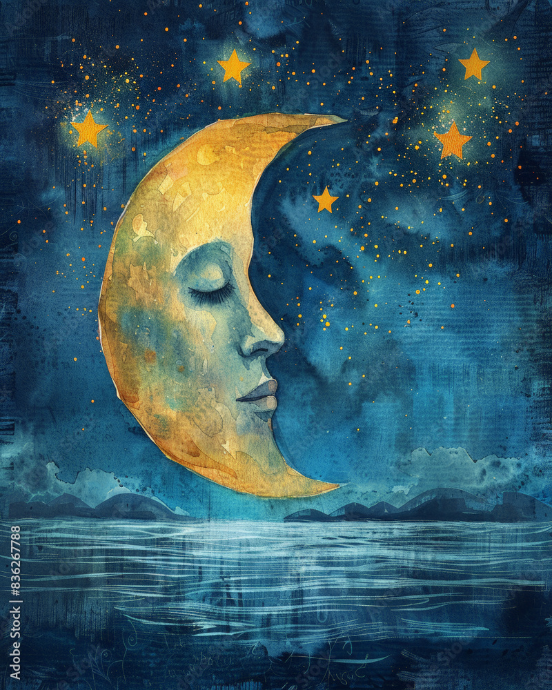The watercolor painting shows a crescent moon and stars in the night ...