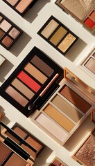 Poster - An array of contouring palettes and highlighters arranged in a visually appealing, organized composition on a light background. Generative AI