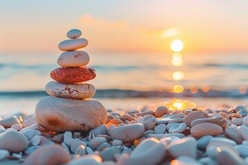 Balancing rocks on the beach, sunrise shot. Zen meditation and relaxation - Generative Ai