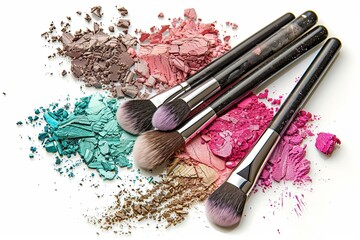 Poster - A close-up of makeup brushes covered in vibrant eyeshadow and blush. Generative AI