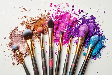 Poster - A collection of makeup brushes covered in colorful eyeshadow and blush. Generative AI