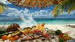 © klss777 - Caribbean beach picnic with exotic fruits, grilled fish, and coconut drinks creates a tropical paradise.