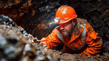 Wall Mural - A miner wearing a hard hat and headlamp is working in a dark mine. wear orange.