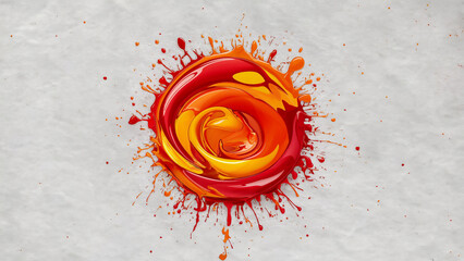 Abstract artistic paint splash in shades of red and orange on a white background.