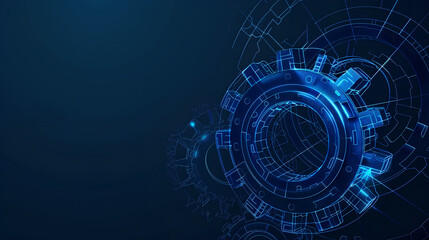 Wall Mural - a vector wireframe illustration of a gear on a dark blue background. the gear's intricate design, symbolizing mechanical technology, machine engineering, and project development