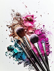 Poster - Close-up of makeup brushes covered in colorful eyeshadow and blush on a white background. Generative AI