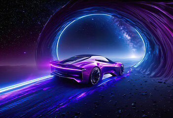 futuristic concept car of the future, intergalactic portal, neon lighting, new directions in the development of the automotive industry,