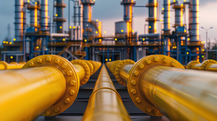 a minimalistic image depicting yellow gas pipes in front of an oil and natural gas storage plant