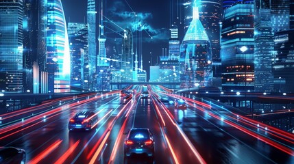 Poster - A futuristic cityscape with autonomous cars seamlessly communicating and navigating through interconnected smart roads