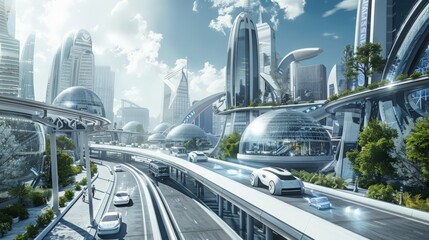 Poster - A futuristic cityscape with autonomous cars seamlessly communicating and navigating through interconnected smart roads