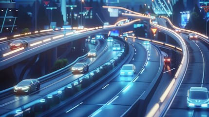 Poster - A futuristic cityscape with autonomous cars seamlessly communicating and navigating through interconnected smart roads