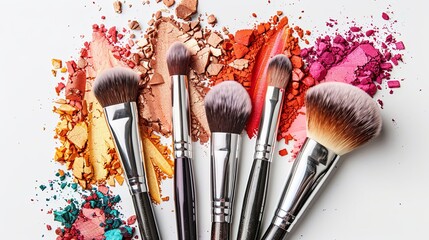 Poster - A close-up shot of various makeup brushes against a white background with vibrant eyeshadow and blush. Generative AI