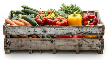 Wall Mural - Assortment of fresh vegetables in a wooden box on a white background