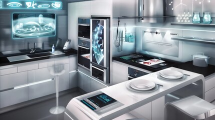Poster - A high-tech kitchen with smart appliances and touch-screen controls for a futuristic feel.