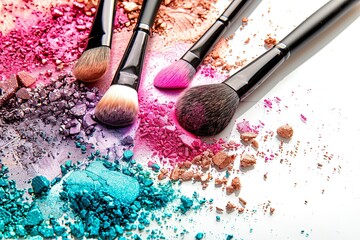 Poster - Makeup brushes covered in colorful eyeshadow and blush on a white background. Generative AI