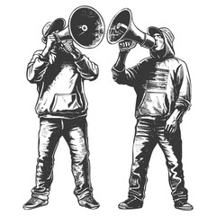 demonstrators holding loudspeaker with engraving style black color only