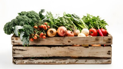 Wall Mural - Assortment of fresh vegetables in a wooden box on a white background