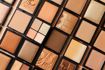 Poster - A collection of contouring palettes and highlighters in warm tones, organized on a light background. Generative AI