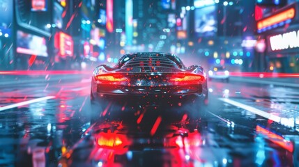Poster - A self-driving car effortlessly navigating through various weather conditions, highlighting advanced AI and sensor technology.