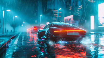 Poster - A self-driving car effortlessly navigating through various weather conditions, highlighting advanced AI and sensor technology.