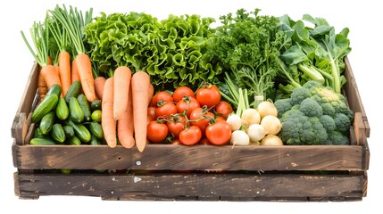 Wall Mural - Assortment of fresh vegetables in a wooden box on a white background