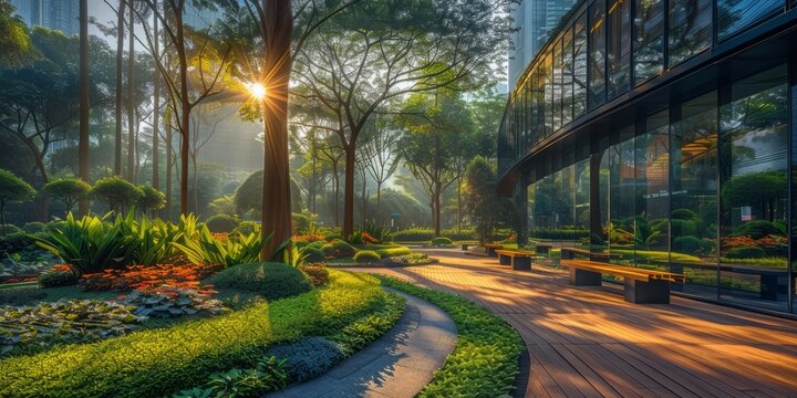 Sunlit modern urban garden with lush greenery and a wooden pathway 