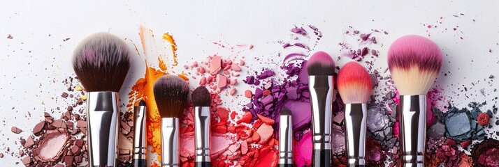 Poster - Colorful makeup brushes are arranged on a white background with vibrant eyeshadows and blush powder scattered around them. Generative AI