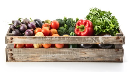 Wall Mural - Assortment of fresh vegetables in a wooden box on a white background