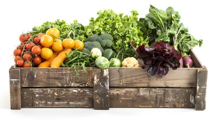 Wall Mural - Assortment of fresh vegetables in a wooden box on a white background