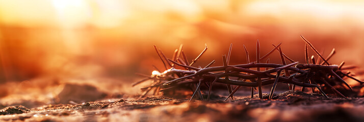  Crown of thorns on stone at sunrise symbolizing sacrifice and redemption Christian faith Easter resurrection spiritual reflection holy passion of Christ divine light hope salvation