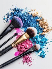 Poster - A close-up image of makeup brushes covered in vibrant blue, pink, and gold eyeshadow. Generative AI