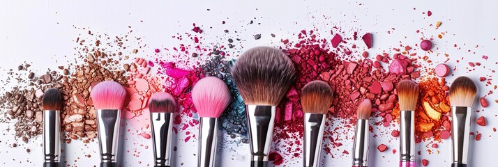 Poster - A close-up image of various makeup brushes covered with vibrant eyeshadow and blush on a white background. Generative AI
