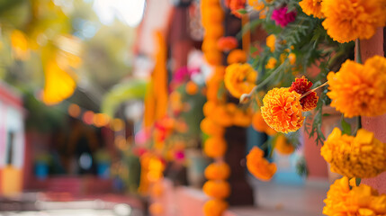 Canvas Print - Marigold garlands draping along the house's exterior, Day of the Dead, blurred background