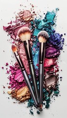 Poster - A close-up image of three makeup brushes covered in vibrant eyeshadow and blush pigments, arranged on a white surface. Generative AI