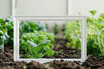 A white frame with a blank space sits in front of a lush green garden