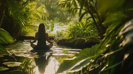 Wall Mural - Woman meditating in nature, A serene woman is meditating in a beautiful natural setting, surrounded by lush greenery