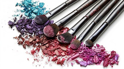 Poster - Makeup brushes with eyeshadow and blush on a white background. Generative AI