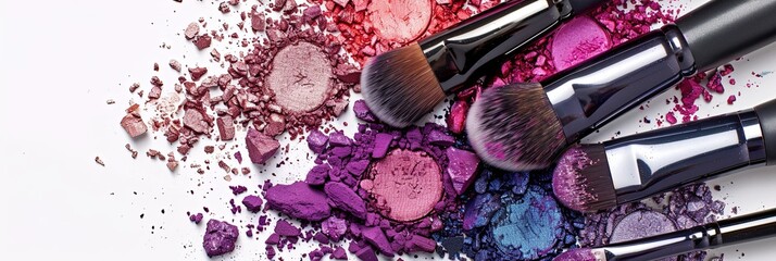 Poster - A close-up image showcasing various makeup brushes covered in eyeshadow and blush, arranged on a white background. Generative AI