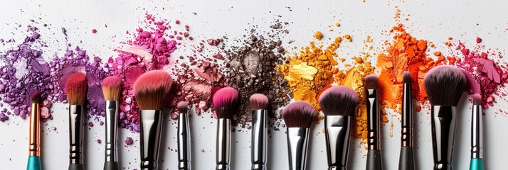 Poster - A close-up photo of makeup brushes covered in colorful eyeshadow and blush on a white background. Generative AI
