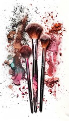Poster - Three makeup brushes covered in colorful eyeshadow and blush on a white background. Generative AI
