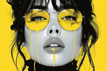 Wall Mural - Black and white portrait of a woman with yellow sunglasses. High-contrast digital art with a striking face wearing dripping yellow lenses.