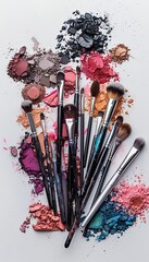 Poster - A collection of makeup brushes with various colors of crushed eyeshadow and blush on a white background. Generative AI